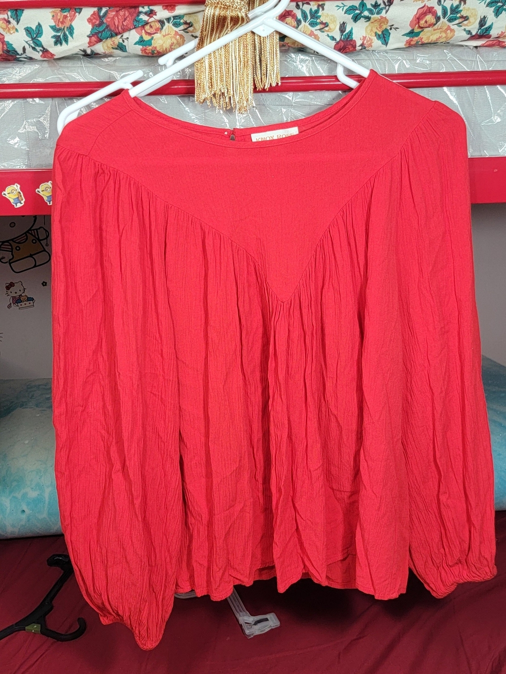 Knox Rose Coral Red Peasant Blouse - Long Sleeve Gathered Yoke Size Medium